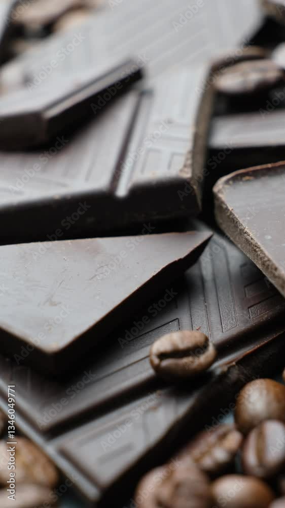 Dark chocolate pieces with coffee beans close-up. Dark chocolate pieces with coffee beans close-up.
