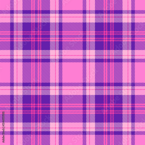 Intricate vector pattern fabric, furniture textile plaid tartan. Print check texture seamless background in pink and violet colors.