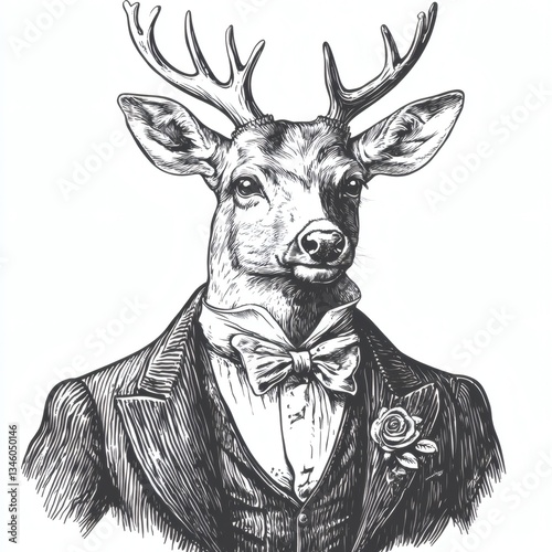 A deer wearing a suit and bow tie