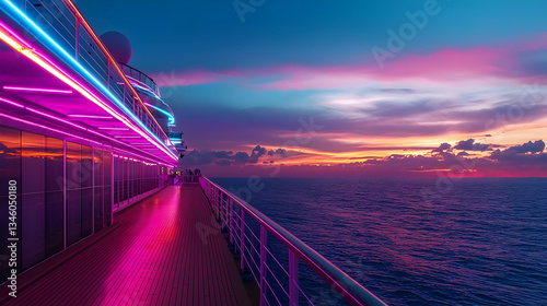 Illuminated Cruise Ship Deck At Pink And Purple Sunset