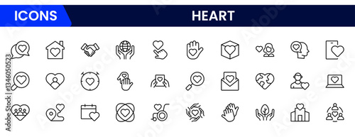 Heart, love, care, help, charity, and donation outline icons are set isolated on a white background in a flat vector illustration.
