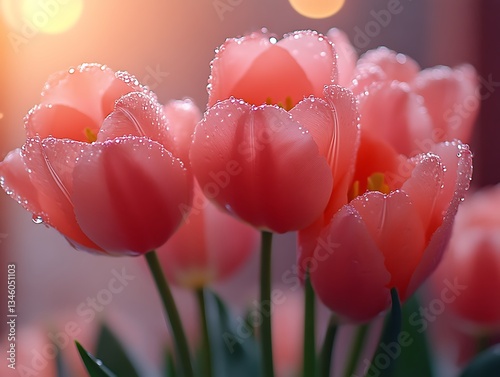 Dewy pink tulips close-up.