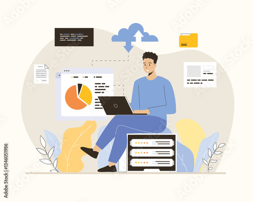 Web scraping concept. Technology for collecting data from web pages. Extracting content and data from websites in different formats. Flat vector illustration.