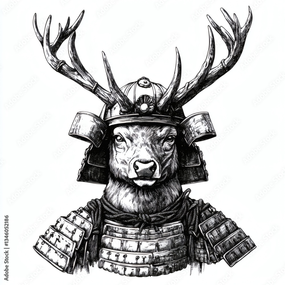 Fototapeta premium A deer with antlers on its head is wearing a samurai helmet
