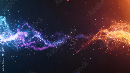 Abstract Digital Composition Depicting Energy Flow With Blue And Orange Light And Particle Effects On Dark Backdrop