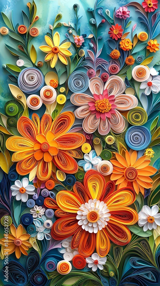 colorful, layered paper quilling technique A vibrant display of colorful paper flowers, beautifully arranged for artistic impact. colorful, layered paper quilling technique A vibrant display of colorful paper flowers, beautifully arranged for artistic impact.