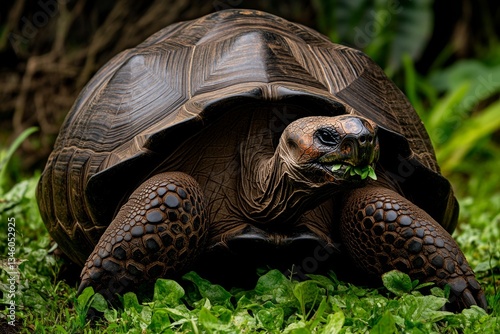 A massive GalÃ¡pagos tortoise slowly munching on fresh green leaves, standing in a vast open field