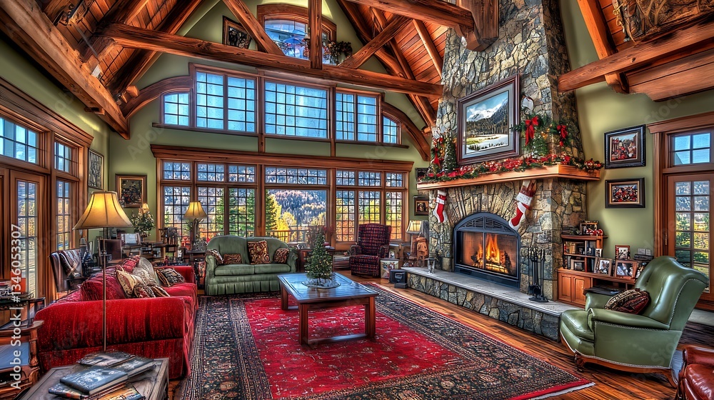 Naklejka premium Mountain Lodge Christmas Living Room.