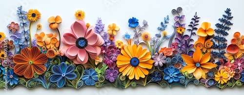 colorful, layered paper quilling technique A vibrant arrangement of colorful paper flowers creating a beautiful floral display.