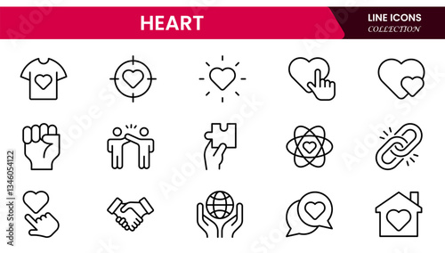 Heart, love, care, help, charity, and donation outline icons are set isolated on a white background in a flat vector illustration.
