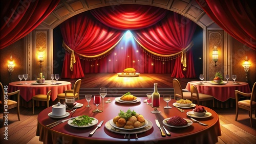 Gourmet Dinner Theater: Red Curtain Stage, Fine Dining, Elegant Food Photography