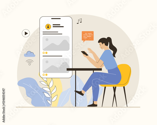 Wireless technology concept. WiFi network communication. Sending files, uploading and downloading content on social media. Flat vector illustration.