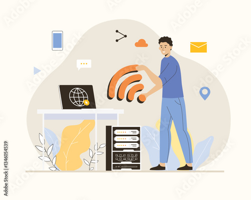 Wireless technology concept. WiFi network communication. Wireless connection to server, host and domain. Flat vector illustration.