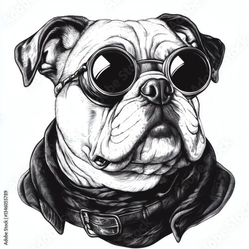 A dog with sunglasses on its face and a leather jacket