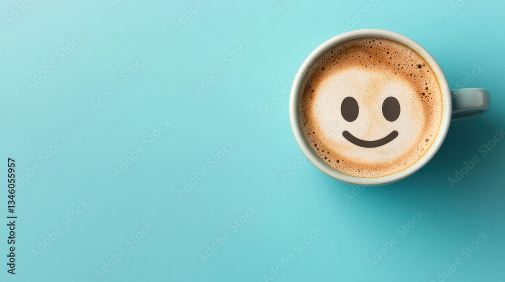 Cheerful Coffee Cup with Smile Face on Blue Background, Perfect for a Positive Morning Mood and Vibrant Lifestyle Imagery for Lighthearted Content Cheerful Coffee Cup with Smile Face on Blue Background, Perfect for a Positive Morning Mood and Vibrant Lifestyle Imagery for Lighthearted Content