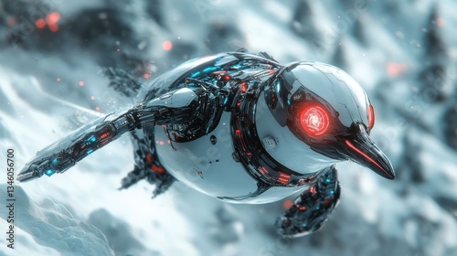 Futuristic robotic bird soaring through a snowy landscape, showcasing advanced technology and design