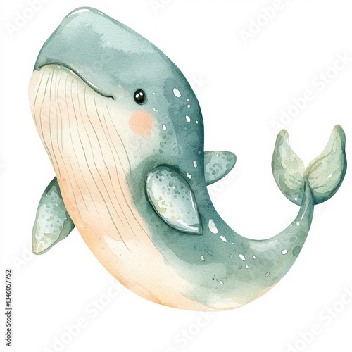 Cute Whale Watercolor Clipart in Seafoam Green and Pastel Peach Palette for Ocean-Themed Birthday Party Stationery and Kids Designs Watercolor, Vector Design