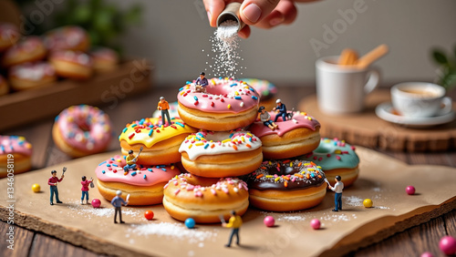 Wallpaper Mural Person's hand sprinkling powdered sugar on top of a stack of donuts. The donuts are arranged in a pyramid-like shape and are covered in colorful sprinkles. Torontodigital.ca