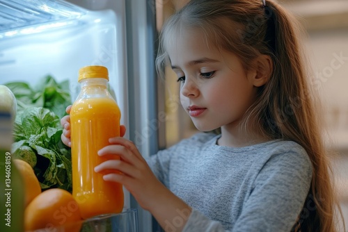 Little girl taking orange juice from the fridge