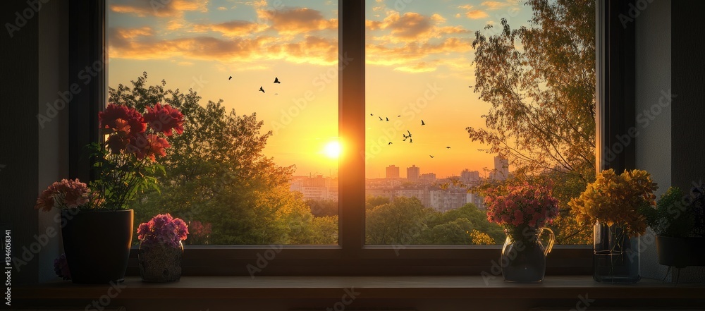 Obraz premium Golden Sunset View from Window with Flowers