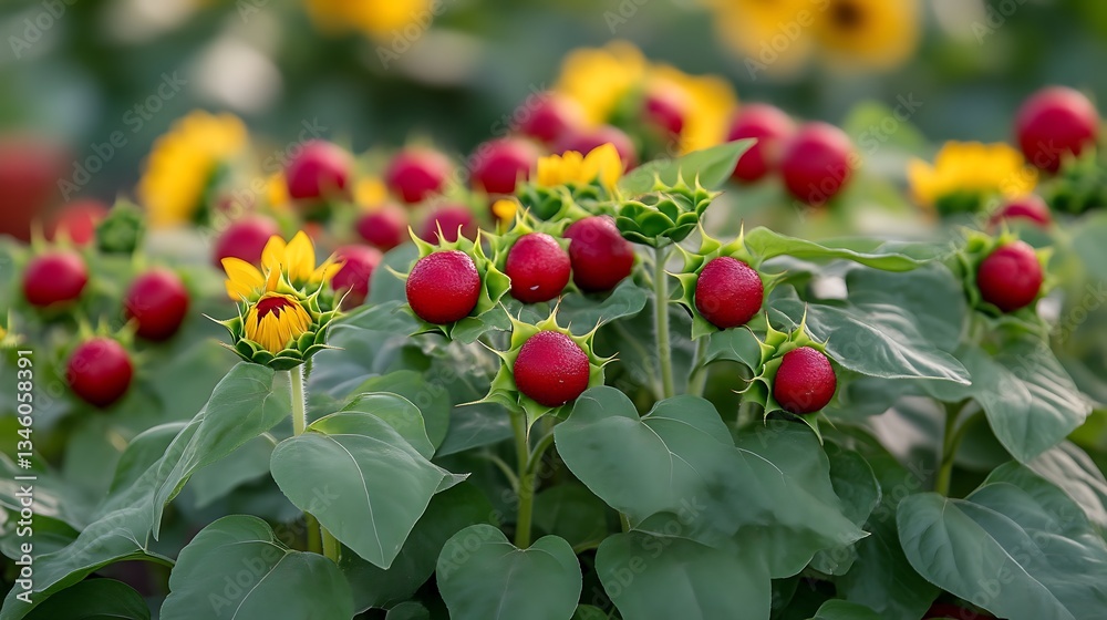Obraz premium Red Sunflower Buds Greenhouse Bloom.
