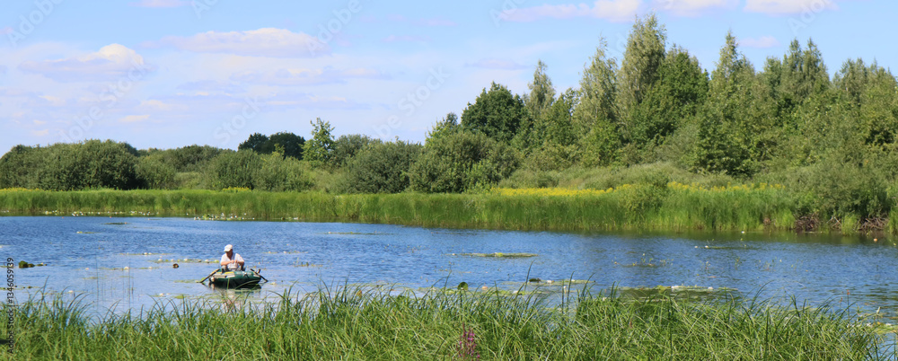 Beautiful river landscape. Banner river Pripyat in summer.