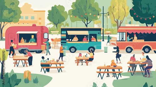Flat vector illustration of a lively food truck park, with colorful trucks, people eating, and picnic tables scattered around.
