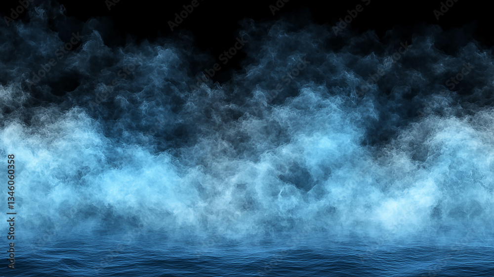 Ethereal blue mist rising above a dark surface, creating a mystical atmosphere in the background Ethereal blue mist rising above a dark surface, creating a mystical atmosphere in the background