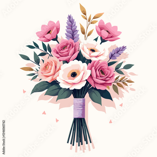Wedding bouquet with roses, anemones and lavender, botanical elegance