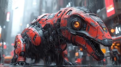 Futuristic robotic dinosaur prowling through a rainy urban landscape, with neon lights illuminating the scene