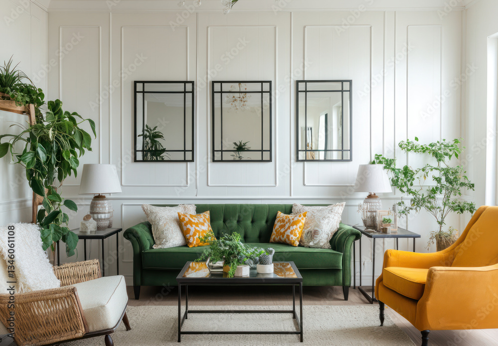 Fototapeta premium Modern Living Room with Stylish Furniture and Decorative Mirrors