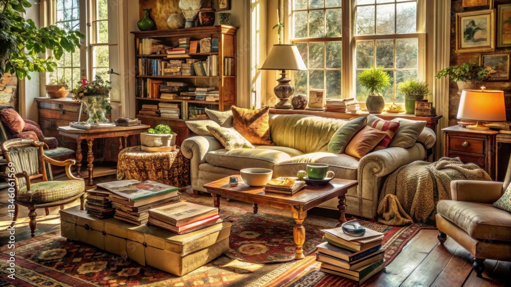 Cozy Living Room with Bookshelves and Natural Light in Warm Tones Cozy Living Room with Bookshelves and Natural Light in Warm Tones