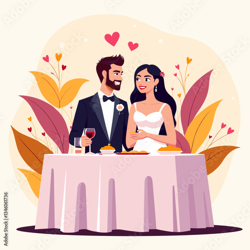 Wedding couple at banquet table, festive love scene