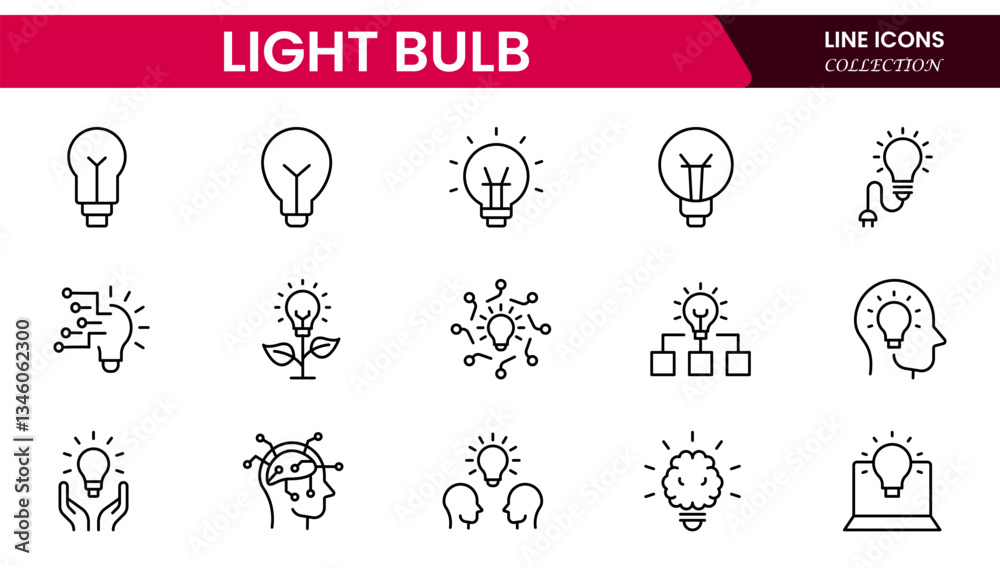 Light bulb idea line icons. Vector electric energy lamps and lightbulbs isolated outline symbols for creative solution, idea, innovation and inspiration concept. Light bulb idea line icons. Vector electric energy lamps and lightbulbs isolated outline symbols for creative solution, idea, innovation and inspiration concept.
