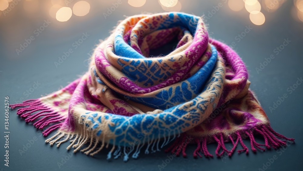 Obraz premium Colorful scarf wrapped elegantly on a textured surface with blurred lights in the background