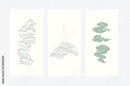 Japanese chinses cloud and wave pattern in vintage style. Abstract art landscape banner design with hand drawn line vector.