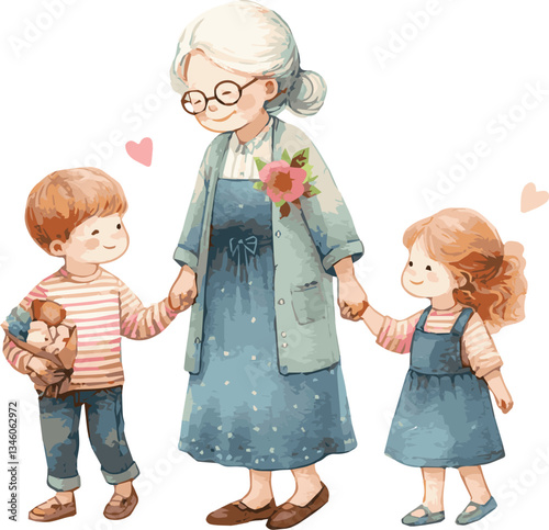 A watercolor vector illustration of a grandma with children