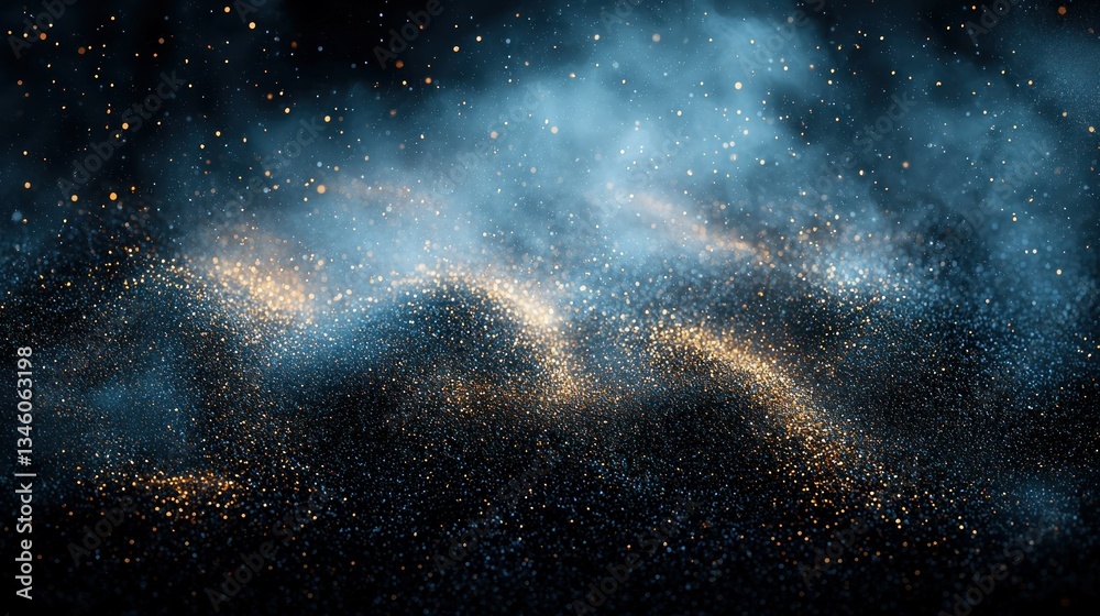 Glowing dust Blue fog with gold particles on dark rough surface Glowing dust Blue fog with gold particles on dark rough surface