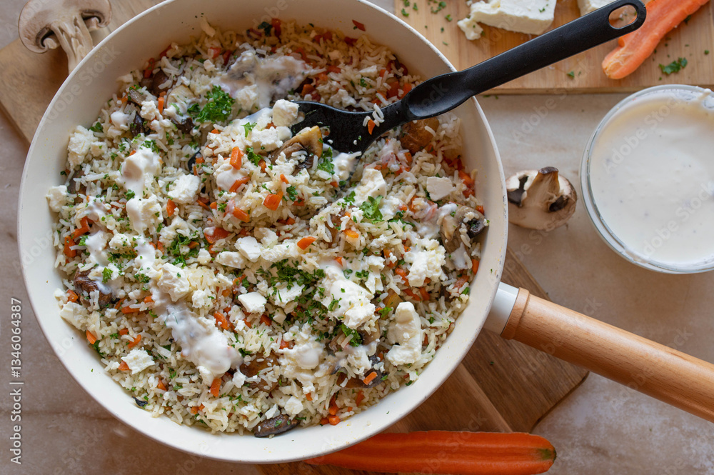 Vegetarian pan dish with basmati rice, feta cheese, mushrooms and carrots. Healthy homemade food