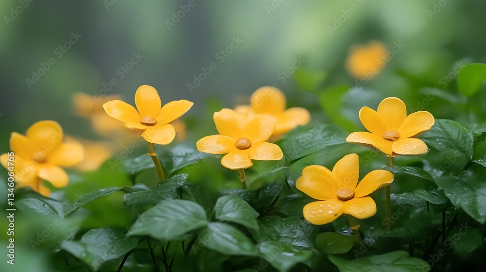 Obraz premium Rain-Kissed Yellow Flowers for Lush Garden.