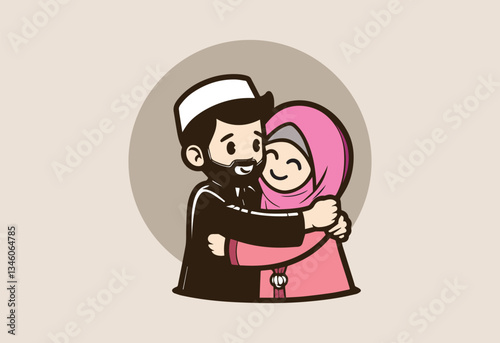Vector illustration of a muslim man and woman hugging each other.