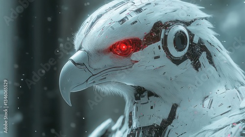 Futuristic robotic hawk with glowing red eyes in a snowy urban environment, showcasing advanced technology