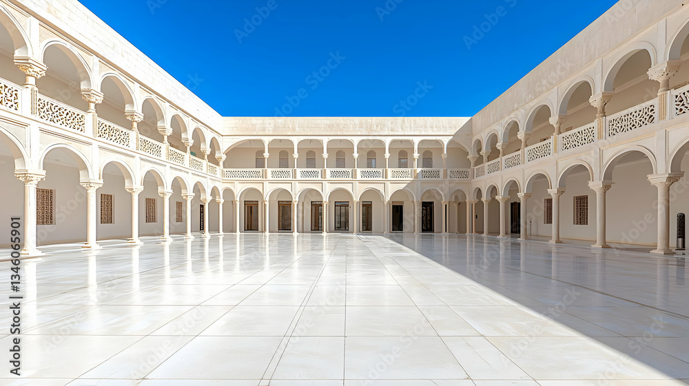 Fototapeta premium Elegant White Marble Courtyard with Ornate Arches and Blue Sky in Rajasthan India