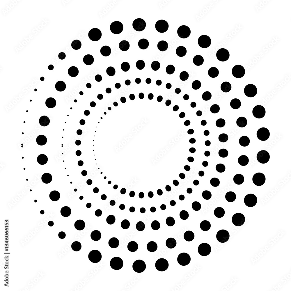 Halftone dotted speed lines circle. Geometric art in circle form. Round swirl movement symbol. Halftone circular dotted frame. Vector design element