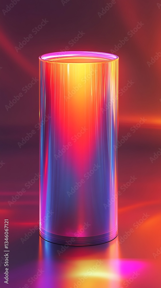 A vibrant, iridescent cylinder glows with inner light, a radiant spectacle of color and form against a dark, reflective surface. A vibrant, iridescent cylinder glows with inner light, a radiant spectacle of color and form against a dark, reflective surface.