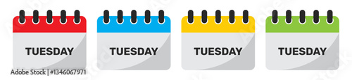 Tuesday calendar icon set in red, blue, yellow and green. Set of flat tuesday calendar icons isolated on a white background.
