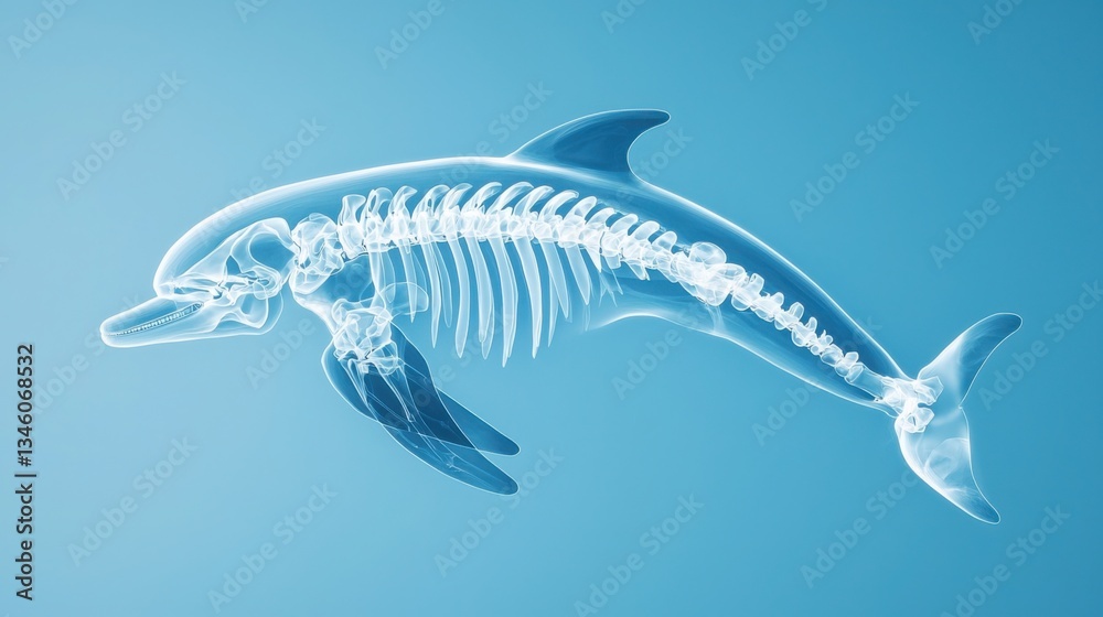 Fototapeta premium Transparent Anatomical Dolphin Skeleton in Ray Style on Blue Background