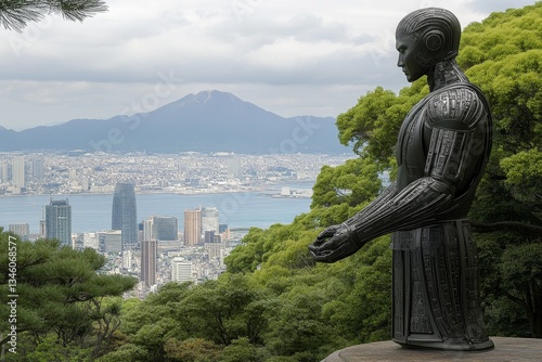 A robotic samurai standing at the top of Mount Omuro, overlooking a futuristic cityscape replacing the traditional Izu coastline