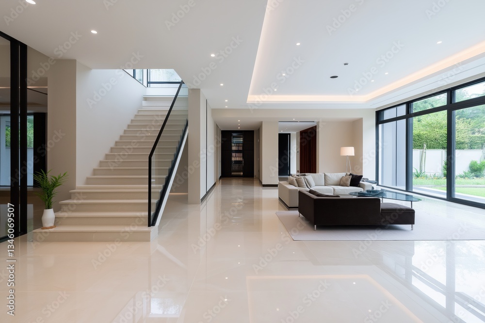 Fototapeta premium A large, open living room with a white staircase leading up to a second floor. The room is filled with white furniture, including a couch, a chair, and a coffee table. The space is well-lit