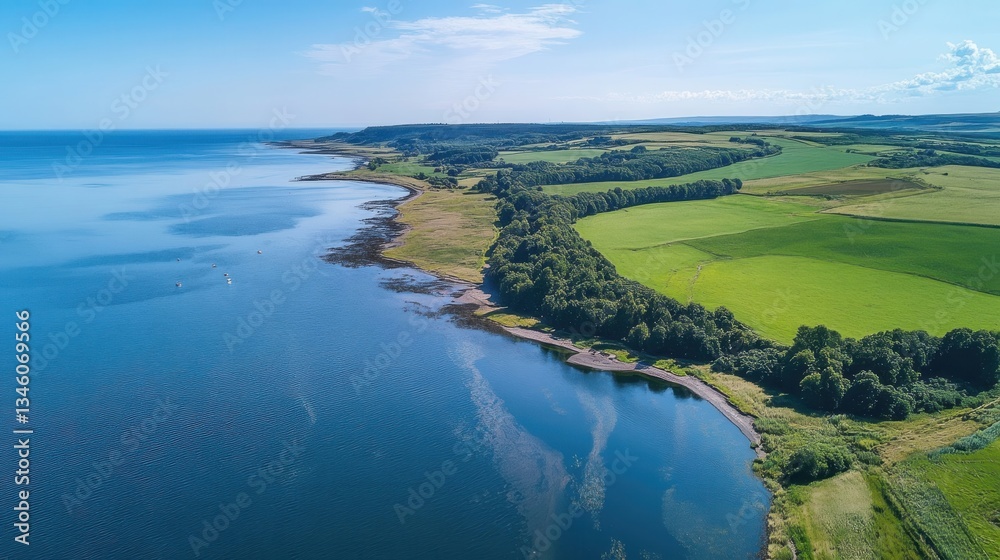 Obraz premium Aerial view of coastal landscape with lush green fields and serene blue waters